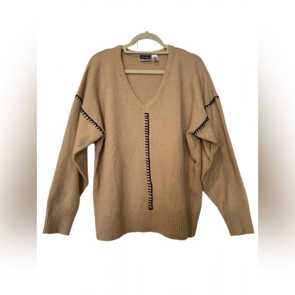 BELOVED WOMAN Beige V-Neck Sweater with Black Stitching